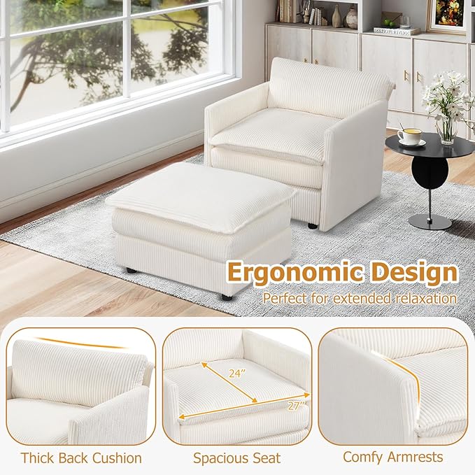 KOMFOTT Oversized Accent Chair with Ottoman Comfy Corduroy Single Sofa Couch w/Soft Cushions &amp Deep Seat Large Upholstered Armchair Reading Chair for Living Room Bedroom Apartment (Beige)