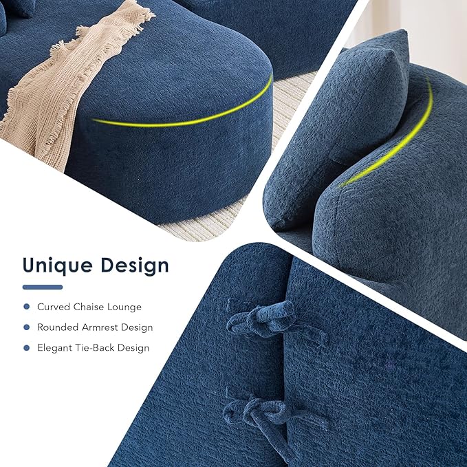 Curved Sectional Sofa Couch Oversized L Shape Deep Seat Cloud Couch Modern Chenille 4-Seater Sofa with Chaise No Assembly Required Couches for Living Room Apartment Office Navy Blue