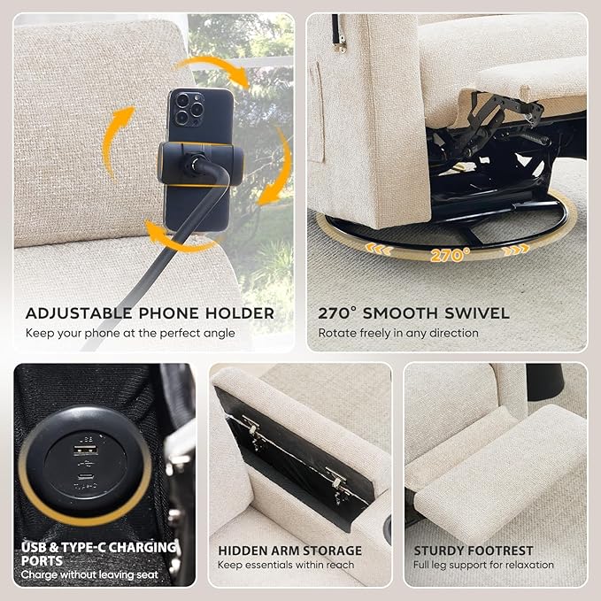 ABCASA Power Recliner Chair Swivel Glider Set of 2 Nursery Glider Recliner Chenille Rocking Recliner Chair with Adjustable Phone Holder Hidden Arm Storage USB &amp Type-C for Living Room Light B
