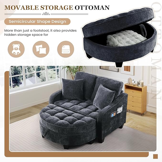 Oversized Chair and A Half Chenille Tufting Accent Cozy Reading Sofa Chair with Storage Ottoman Upholstered Loveseat Chaise Lounge Sofa with Adjustable Back for Living Room Office Sunroom Black