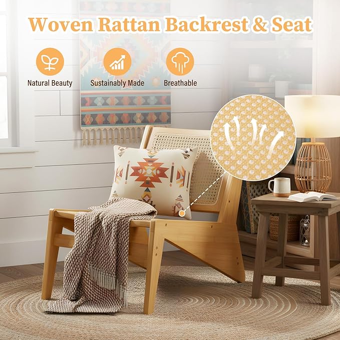 Rattan Accent Chair for Living Room Mid Century Side Chair Comfy Bamboo Chairs for Bedroom Reading Room Wood