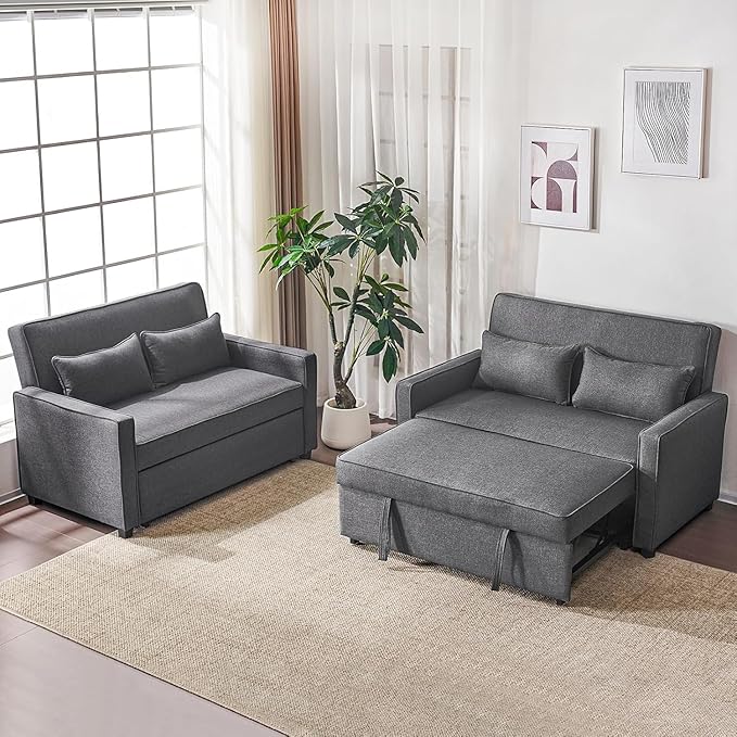 Furnimart Convertible 3-in-1 Sofa Bed with Adjustable Backrest Metal Frame Pull Out Couch Loveseat Sleeper Linen Sleeper Sofa for Living Room Apartment Small Space (Gray)