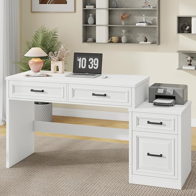 Vabches 61 Farmhouse Computer Desk with Storage and File Drawer Executive Desks with Printer Stand Rustic Large Home Writing Desk for Home Office.White