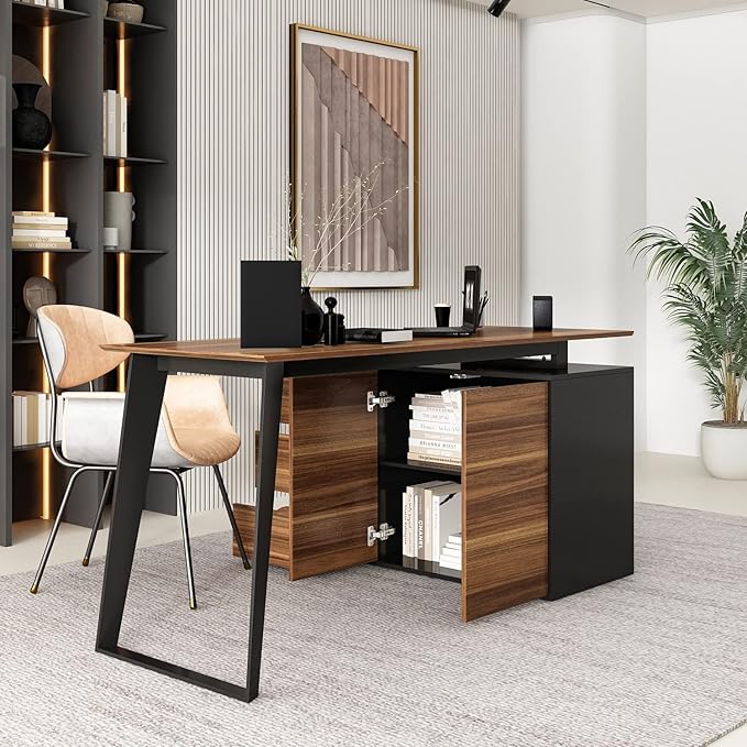 Home Office Desk L-Shaped with Drawers Cabinet Corner Brown Industrial L-Shape MDF Metal Wood Finish