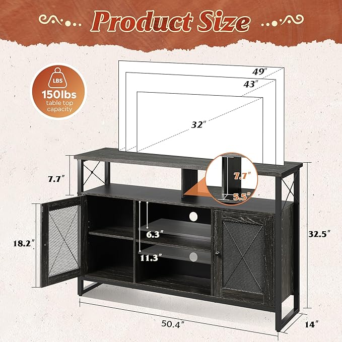 WLIVE TV Stand 55 inch TVTall Entertainment Center with Storage Farmhouse Industrial TV Console for Bedroom Living Room Charcoal Black