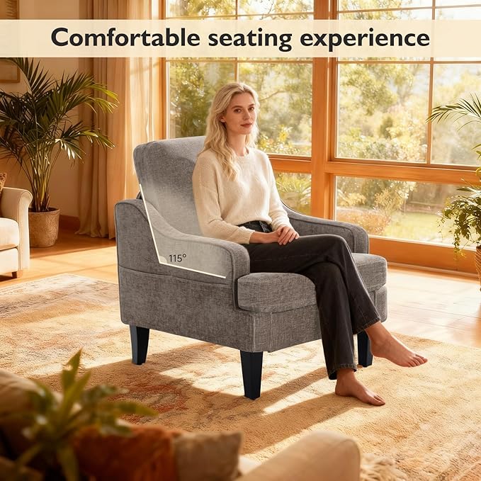 Accent Chair for Living Room Upholstered Living Room Chair with Side Pockets Comfy Accent Chairs for Bedroom Mid Century Modern Armchair for Office Apartment Waiting Room Club (Brown)