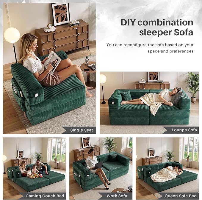 78 Compressed Convertible Sofa Bed Modular Corduroy Loveseat Sleeper with Fixed-Shape Frame Folding Mattress Couch with 2 Pillows for Living Room Bedroom Small Spaces No Assembly Needed Green