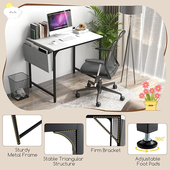 32 Inch Computer Desk Set of 2 Modern Writing Desk with Heavy-Duty Metal Frame Storage Bag &amp Charging Station Rectangular Home Office Workstation Table for Conference Study &amp Meeting Room