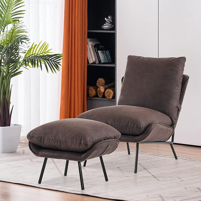 MCombo Modern Accent Chair with Ottoman Leathaire Fabric Armless Chair Upholstered Leisure Chairs for Small Space Living Room &amp Bedroom LW951 (Dark Brown)