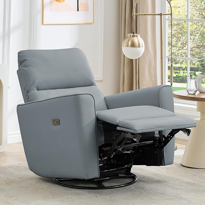 GarveeHome Power Recliner Chair 270° Swivel Rocking Glider with USB Charging Port PU Leather Upholstered Fabric Ergonomic Modern Nursery Chair for Living Room Bedroom Nursery (Light Grey)
