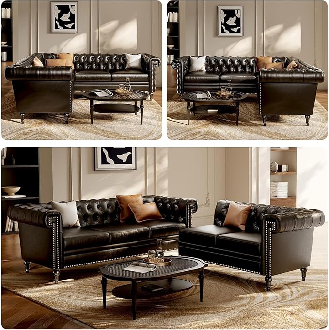 85 Chesterfield Sectional Sofa L Shaped Convertible Faux Leather Couch with Tufted Nailhead &amp Rolled Arms 5-Seater leather sectional couches for living room Apartment Office Classic Black