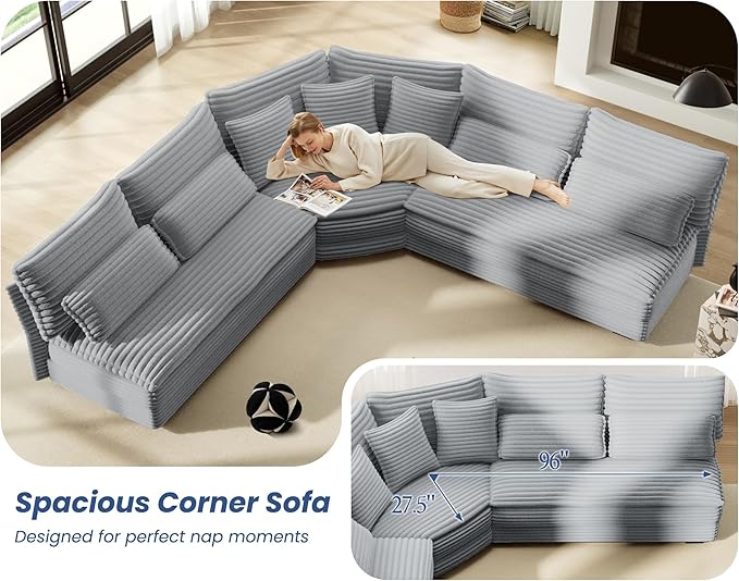 5-Seater Sectional Couch 102 L-Shaped Corner Sofa Oversized Corduroy Cloud Couch with 2-Layer Cushions V Shape Sofa for Living Room Aparment (LightGrey)
