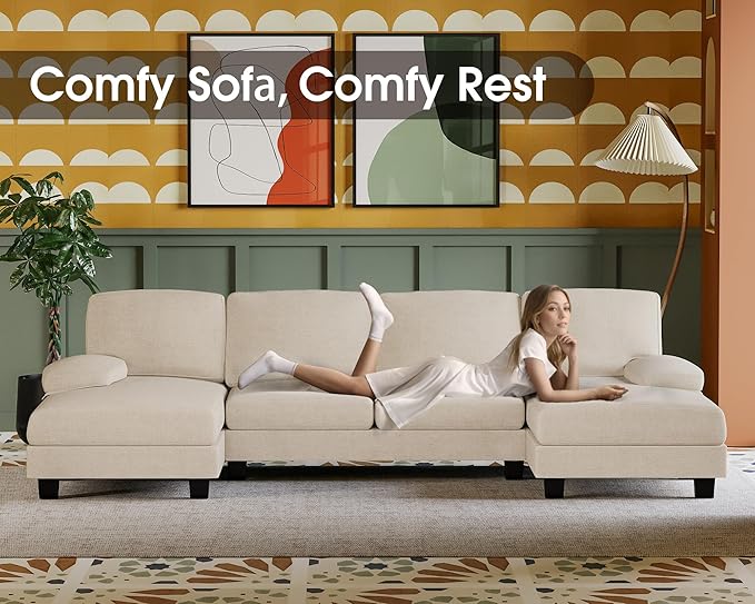 Furmax Sectional Couches for Living Room U-Shaped Sofa Couch with Linen Fabric 4 Seat Sofa Set with Double Chaise for Apartment (Fabric White)