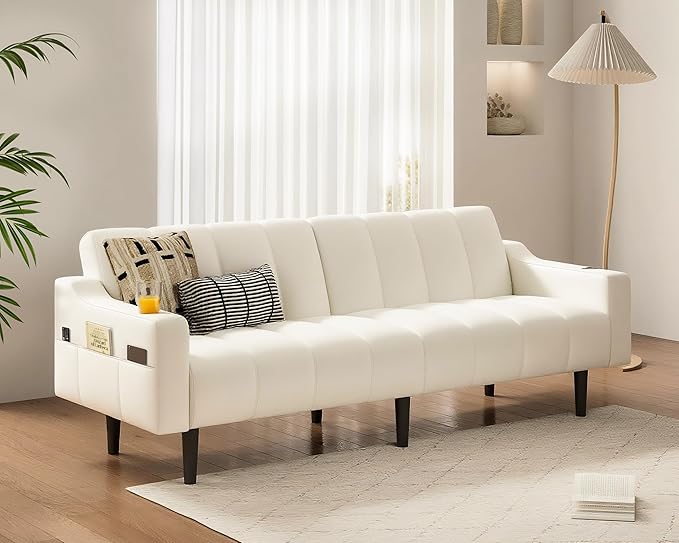 Brelice 80'' Leather Couch Futon Sofa Bed Faux Leather Couch with Adjustable Backrest 2 Cup Holders &amp Side Pockets Mid Century Modern Sofa for Living Room Bedroom Cream White