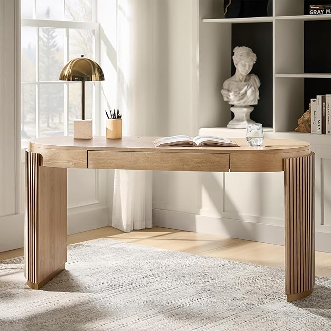 HULALA HOME 60 Modern Executive Desk with Storage Writing Desk with Fluted Legs Home Office Desk with Charging Station Oak