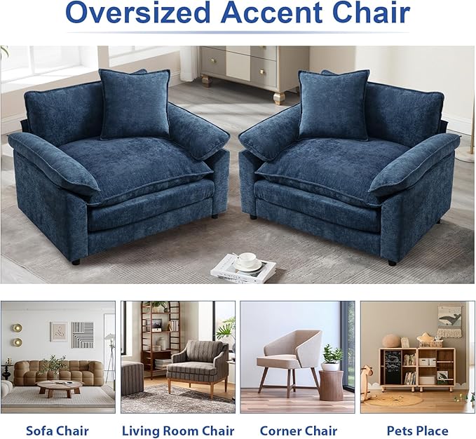 Modern Oversized Chair Set of 2 Comfy Chenille Accent Chair Large Upholstered Armchair with Extra Thick and Deep Seat Lounge Chair for Living RoomBedroomApartment (Blue)