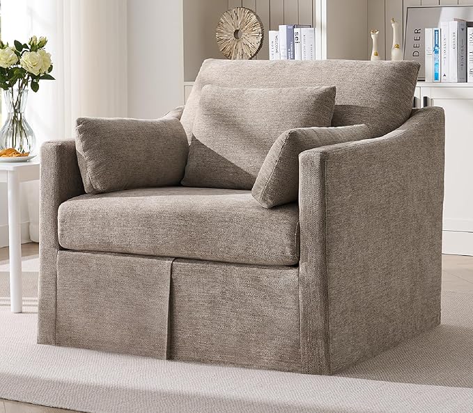 ONBRILL Accent Chair for Living Room Slipcovered Chair with 3 Throw Pillows Comfy Reading Chair Deep Seat Armchair w/Sloped Arms Modern Single Couch Sofa for Apartment Wheat