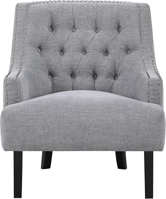 Modern Traditional Chair with Gray Chenille Upholstery and Button-Tufted Design Solid Wood Frame for Living Room Style