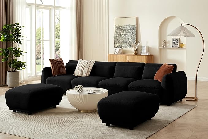 U Shaped Cloud Sectional Convertible L Shaped Couch with Removable OttomansModular Cloud Couch Sectional for Living Room (4 Set + 2 Ottomans - Black)