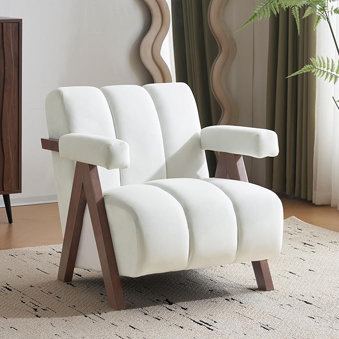 Mid Century Modern Accent Chair with Solid Wood e Upholstered Living Room Chairs with Thick Cushion Comfy Tufted Arm Chair for Bedroom Living Room Velvet Ivory