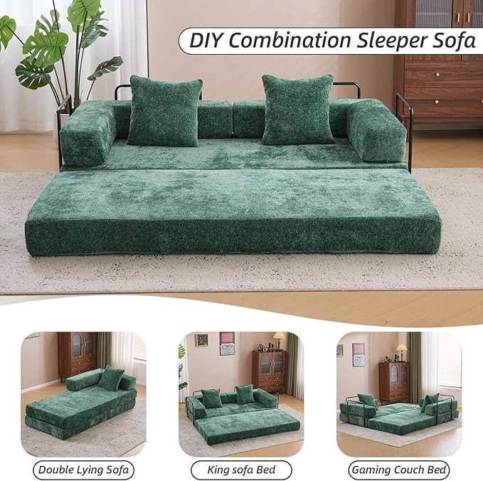 Folding Sofa Bed Convertible Sleeper Sofa Chenille Floor Couch with Pillows Fold Out Couch King Size Bed Futon Foldable Memory Foam Mattress for Living Room Bedroom Playroom (Green)