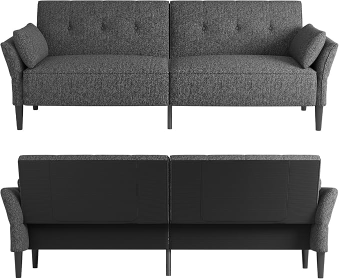 89” Futon Sofa BedComfy Futon Couch Bed with 2 Square PillowsConvertible Sleeper Sofa with Adjustable Backrest&amp Armrests Modern Loveseat Sleeper for Living Room Bedroom Linen Dark Gray