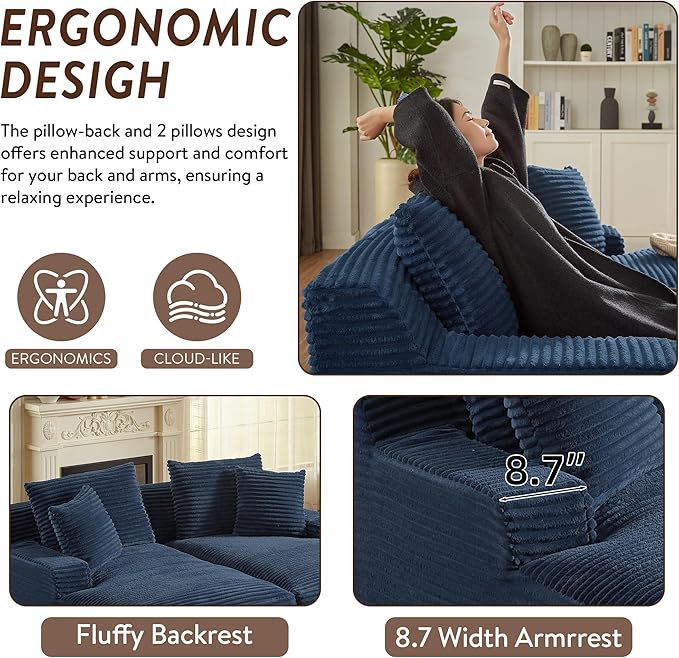 Oversized Double Chaise Lounge Chair IndoorWide Corduroy Boneless Chaise Lounges SofaComfy Upholstered Cloud CouchNo Assembly Required Loveseat Sleeper Chair Bed for Living Room(Dark Blue)