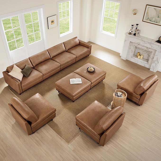 CHITA Modern Down Filled Upholstered Middle Armless Sofa for Sectional Modular Couch Faux Leather in Camel