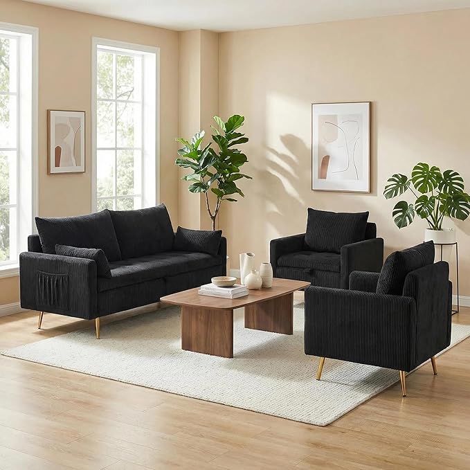 Furnimart 3-Piece Storage Sofa and Couch Set Corduroy Loveseat with 2pc Accent Single Chairs Small Living Room Furniture Set for Apartment Tiny Homes and Lofts 3PC-Black