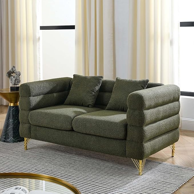 Loveseat Sofa Modern Couch 60 W Teddy Bouclé Comfy Cloud Sofa with Gold Legs &amp Pillows Upholstered Tufted Deep Seat Cozy Sherpa Couch for Living Room Bedroom Office Apartment(2 Seater Green