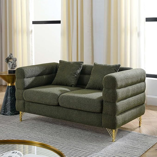 Loveseat Sofa Modern Couch 60 W Teddy Bouclé Comfy Cloud Sofa with Gold Legs &amp Pillows Upholstered Tufted Deep Seat Cozy Sherpa Couch for Living Room Bedroom Office Apartment(2 Seater Green