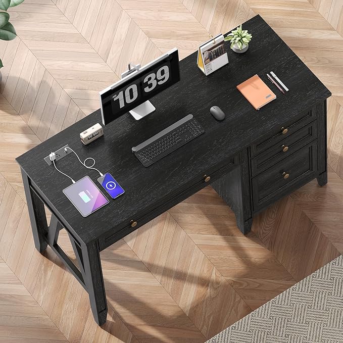 ONBRILL 54 Inch Farmhouse Executive Desk Computer Desk with Storage Drawers &amp File Drawer Modern Home Office Desk with Charging Station for Working Studying Writing Brown (Black)