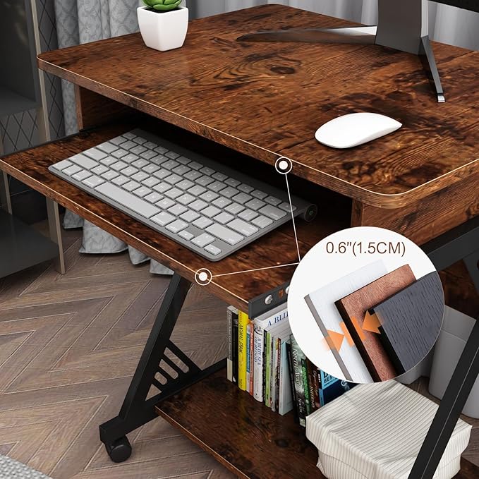 Computer Desk for Small Spaces Mobile Computer Desk with Keyboard Tray Z-Shaped Writing Table with Rolling Wheels &amp Storage Shelf (Brown)