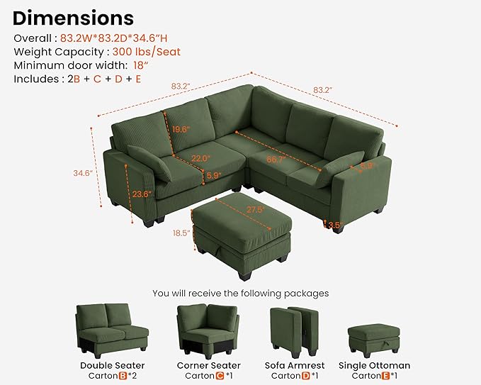 CHIC HOUSE Modular Sectional Couch| Corduroy L Shaped Sleeper Sofa U-Shape Sofa Bed Convertible Chaise with Storage Ottoman for Living Room Modern Furniture (Green 6 Seater L-Shaped)