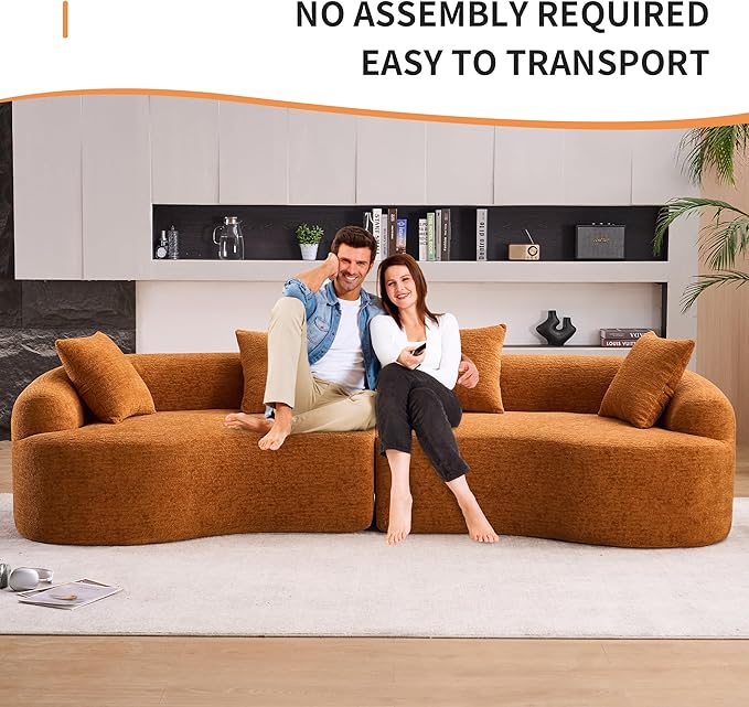 Modern Curved Boneless Sofa 110 Compression Modular Chenille High-Density Sponge Sectional Couch with 4 Seats No Assembly Required Lounge Sleeper Sofa for Living Room Apartment (Orange)