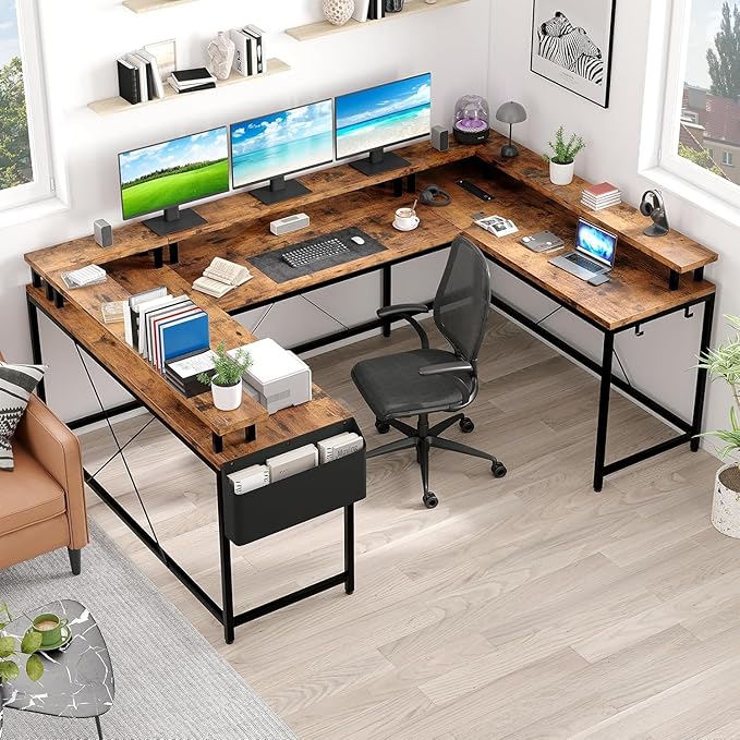 U Shaped Desk 79 Reversible L Shaped Desk and Long Gaming Desk with Storage Shelf &amp Power Outlets &amp LED Lights Corner Computer Desk with Monitor Stand and Side Storage Bag for Home Office