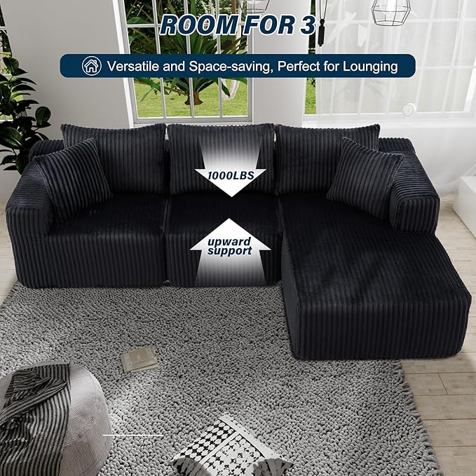 3 Seater L Shaped Sofa with Deep Seat 101 Cloud Sectional Couch with Chaise Cozy Modular Couches Sleeper Oversized Corduroy Sofa for Living Room Bedroom Apartment Black