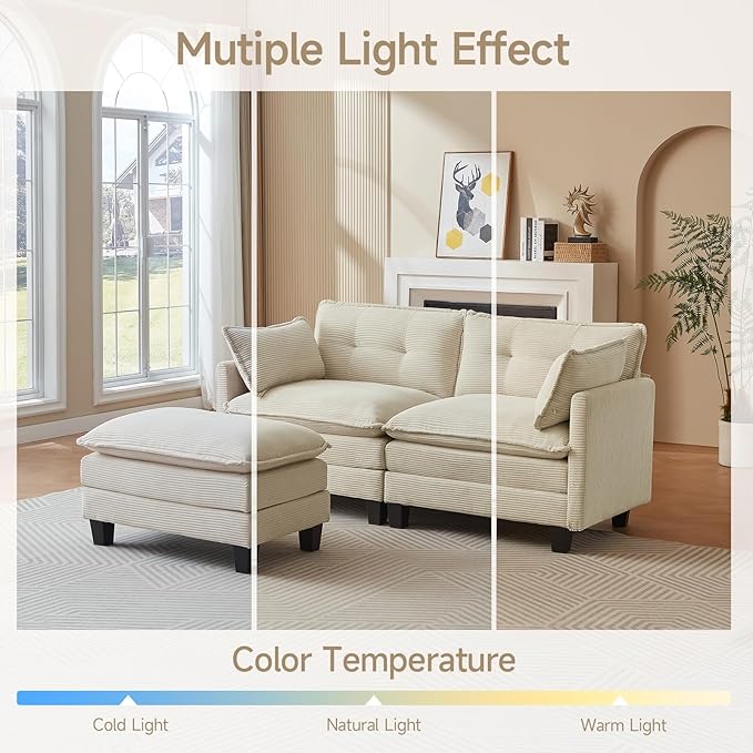 Modular Sectional Sofa 76.5 L-Shaped Corduroy Comfy Sectional Couches for Living Room 2-Seater Cloud Couches with 1 Movable Ottoman Flexible Combination Modern Deep Seat Sofa (Beige)