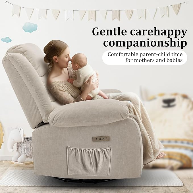 Power Recliner Chair Electric Rocker Recliner with Massage and Heat 270° Swivel Glider Oversized Wide Seat with USB Port Cashmere Nursery Chair for Living Room Beige