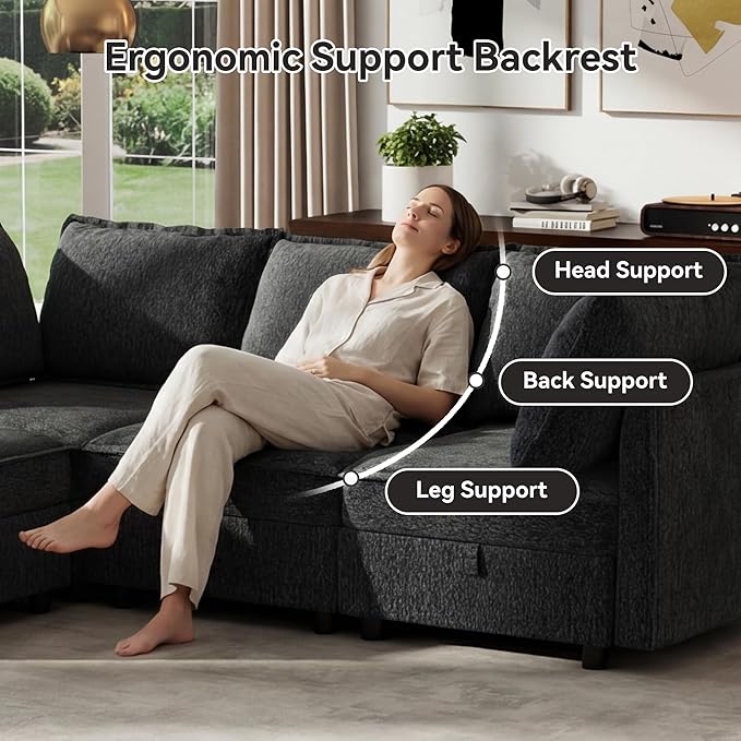 Ihanherry 97.2” Modular Sectional Sofa with Storage L Shaped Couch for Living Room 4-Seat Comfy Chenille Deep Seat Sofa with Movable Ottoman for Bedroom and Apartment Dark Gray