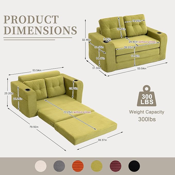 40 Folding Sofa Bed 2 in 1 Convertible Futon Sleeper Chair with Armrest &amp Backrest Comfy Chenille Cloud Floor Couch Single Sofa Chair Lounge for Living Room Bedroom (Z-Olive)