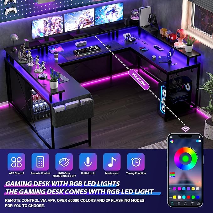 U Shaped Desk 79 Reversible L Shaped Desk and Long Gaming Desk with Storage Shelf &amp Power Outlets &amp LED Lights Corner Computer Desk with Monitor Stand and Side Storage Bag for Home Office