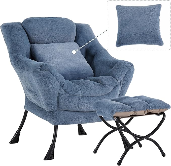 Lazy Chair with Ottoman Comfy Reading Lounge Chair with Footstool &amp Throw Pillow Modern with Armrests &amp Side Pocket for Living Room Bedroom Dorm Room Plush Light Blue