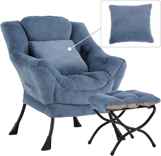 Lazy Chair with Ottoman Comfy Reading Lounge Chair with Footstool &amp Throw Pillow Modern with Armrests &amp Side Pocket for Living Room Bedroom Dorm Room Plush Light Blue