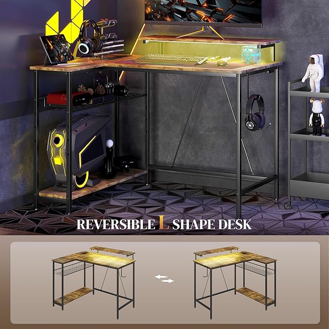 42 L Shaped Desk with LED Lights Power Outlet USB Charging Ports Reversible L Shaped Computer Desk with Storage Shelves Monitor Stand Corner Gaming Desk for Home Office Rustic Brown