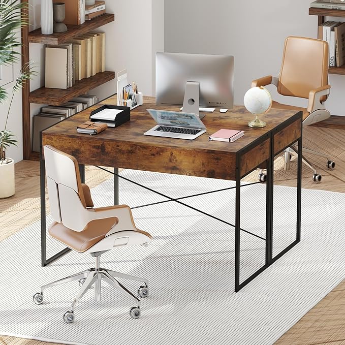 GOFLAME Modern 2-Drawer Computer Desk Home Office Desk w/Reinforced Heavy-Duty Metal Frame Versatile Study Writing Desk w/Anti-Tip Kit Ideal for Study Office Small Spaces (Rustic Brown)