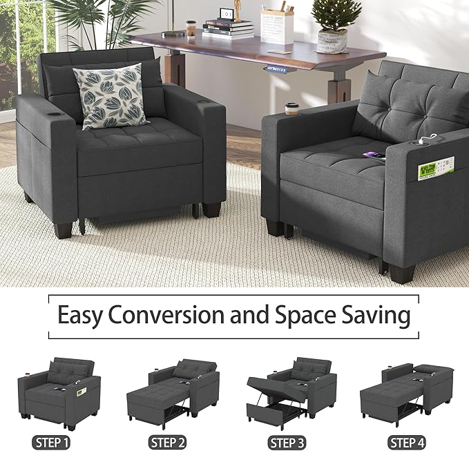 DURASPACE 36.6 Inch Sleeper Chair 3-in-1 Convertible Chair Bed Pull Out Sleeper Beds Adjustable Single Armchair Sofa with USB Ports Side Pocket Cup Holder (Dark Gray Linen)