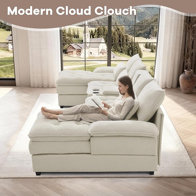 130 U Shaped Cloud Couch Modular Sectional Sofa with Chaise Lounge Comfy Fluffy Cloud Sectional Couches for Living Room Modern Modular Sofa with Central Console (Beige)