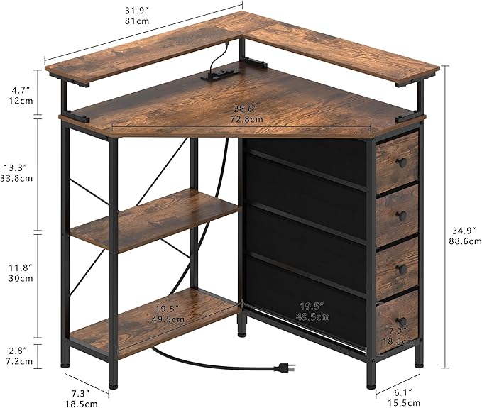 Corner Desk with Drawers Shelves for Small Space 90 Degrees Triangle Computer Desk with Power OutletsGaming Desk with LED Lights Monitor Stand for Home Office Workstation Writing Table (Brown)