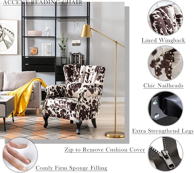 Mid Century Modern Accent Chair Upholstered Armchair Comfy Western Fabric Single Sofa with Lined Wingback for Small Spaces Bedroom Living Room Cow 30.1D x 30.5W x 35H in